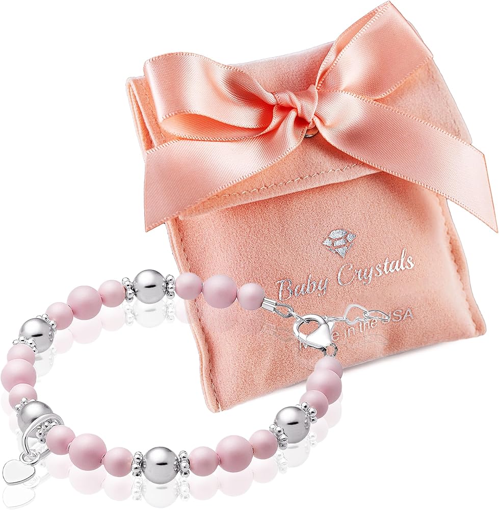 Sterling Silver Heart Charm Pearl Bracelet for Girls -High end Simulated Pastel Rose Simulated European Pearls