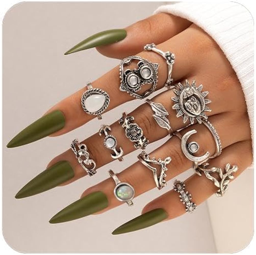 Rrdaily Bohemian Knuckle Stackable Rings Set for Women Teen Girls Vintage Leaf Moon Flower Combination Fingertip Ring Pack Y2k Ring Grunge Jewelry Accessories