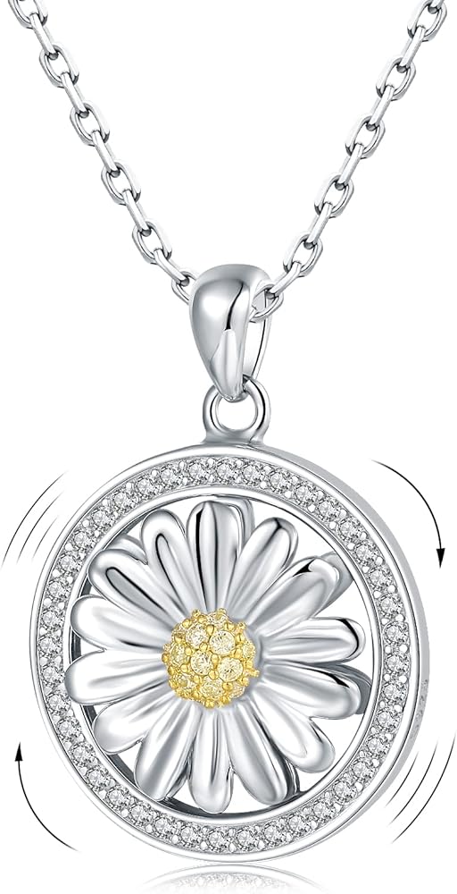 925 Sterling Silver Daisy Necklace for Women - Round Spinner Daisy Flower Pendant Necklace with Cubic Zirconia Shining Rotatable Daisy Jewelry for Teen Girls,Rolo Chain 18"+2"…