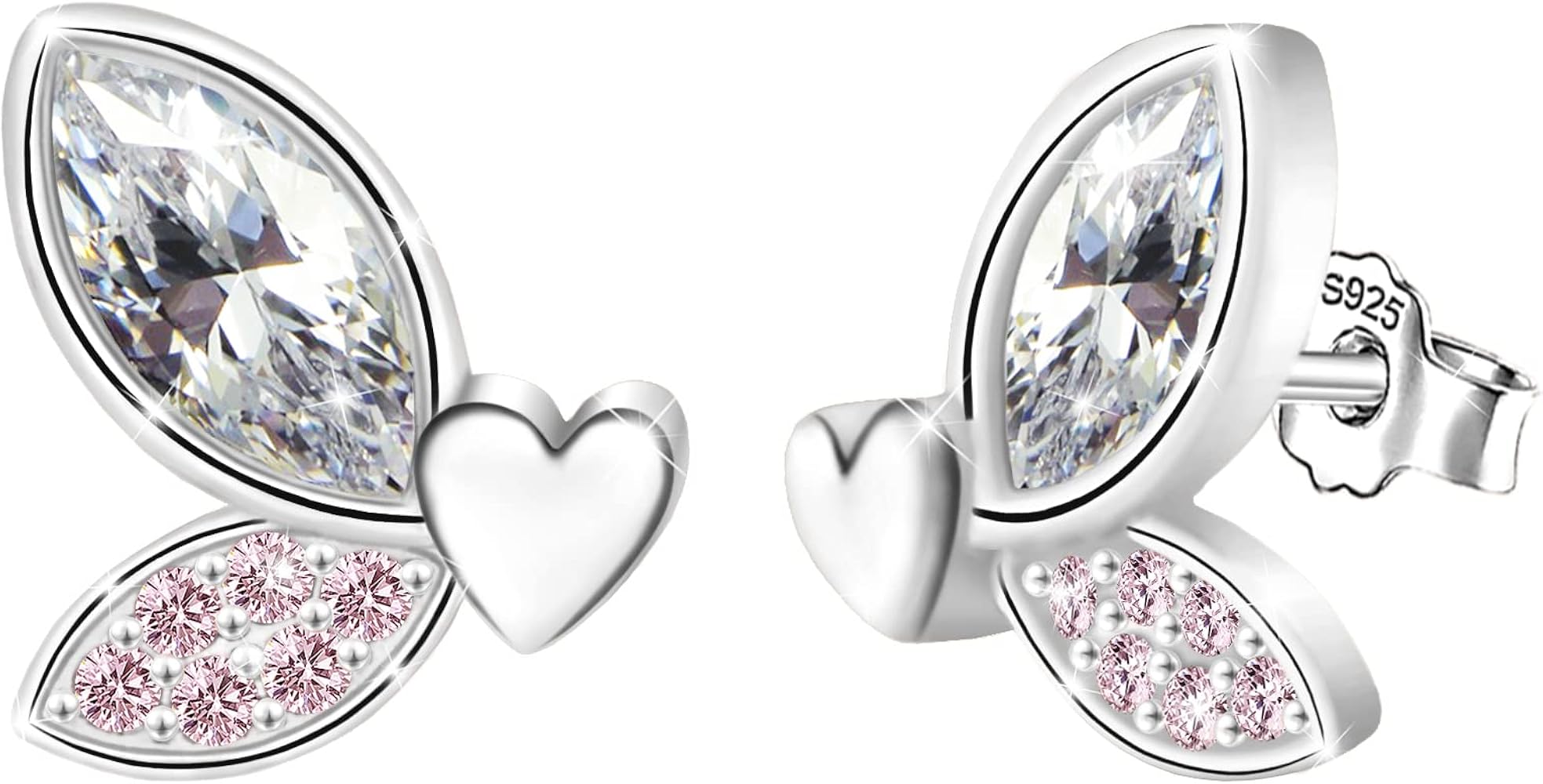 Butterfly Stud Earring for Girls - Sterling Silver Cubic Zirconia Half Butterfly Wing Earrings Dainty Hypoallergenic Heart Studs Earrings for Sensitive Ears Birthday Jewelry Gifts for Women Daughter