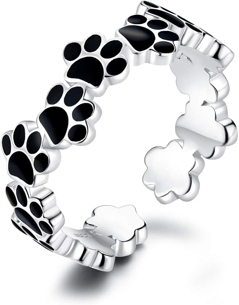 Black Dog Paw Print Open Statement Rings Sterling Silver Adjustable Cute Pet Cat Puppy Ring Lovely Animal Finger Band Fashion Jewelry for Women Girls