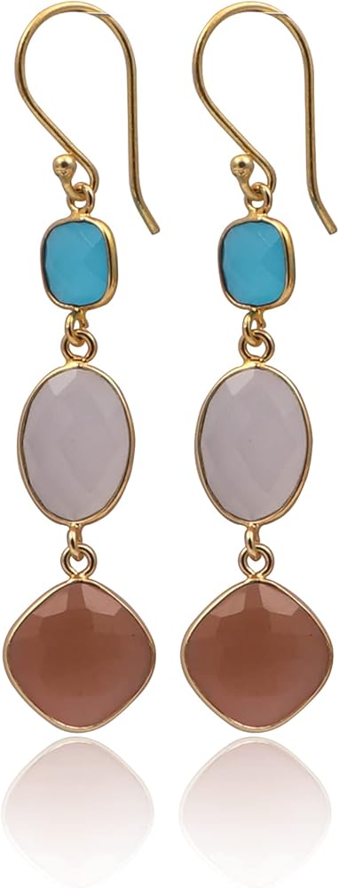 Gift For Her Bezel Set Pair | Chalcedony & Moonstone Designer Gemstone Hook Earring | Gold Plated Bezel Dangle Hook Earring | Bezel Set Handmade Earring Jewelry 1759)90