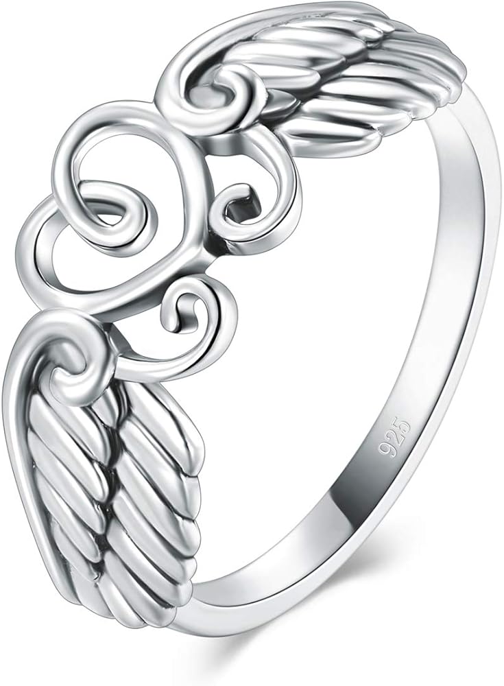 BORUO 925 Sterling Silver Ring High Polish Heart Angel Wings Ring 4-12