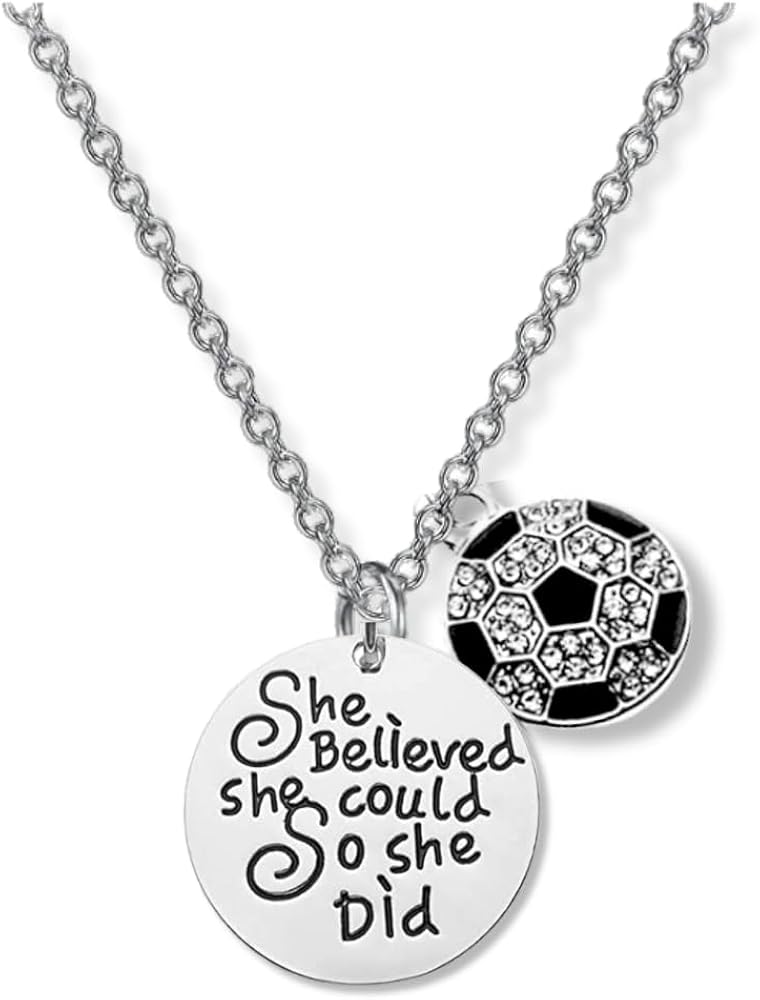 Sportybella - Soccer Necklace, Silver Soccer Jewelry - Girls She Believed She Could So She Did Pendent - Soccer Player Gifts