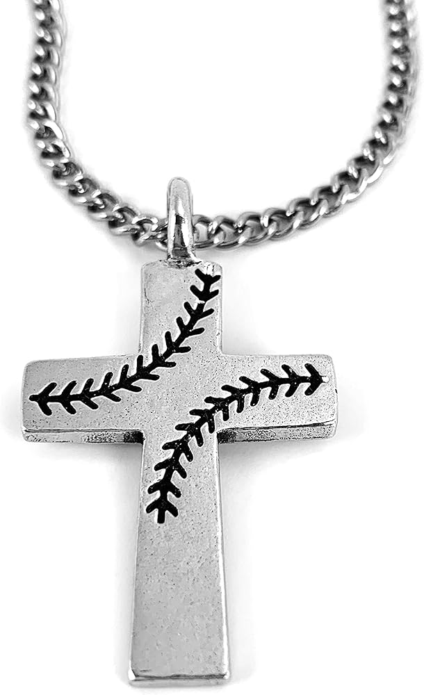 Baseball Stitches Cross Pewter Necklace 24 Inch Chain Antique Silver Finish Softball