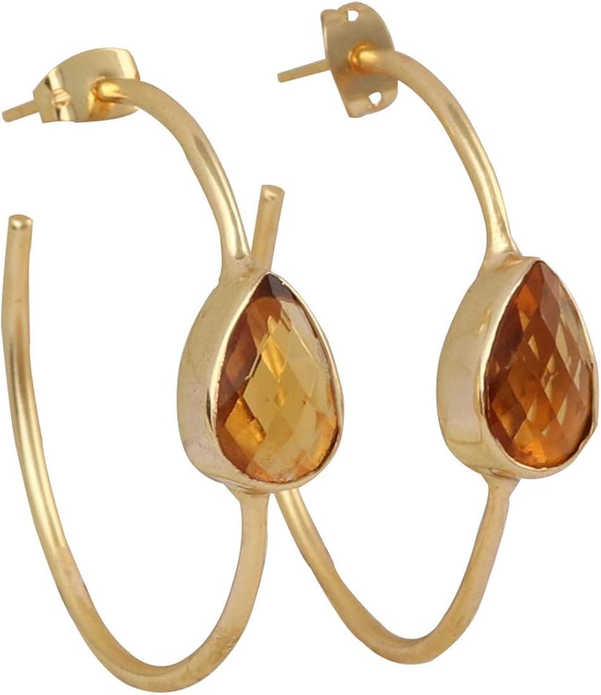 Pear Shape Gemstone Citrine Gold Plated Earring | Checker Cut Gift For Her | Collet Setting Hoop Setting Handmade Gift For Her Earrings Jewelry | 1052)19F