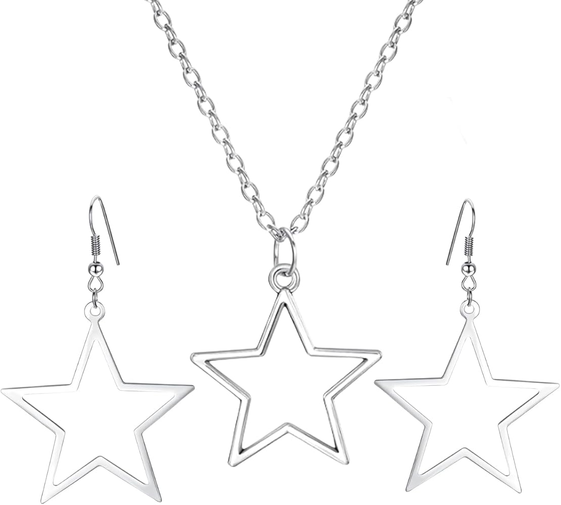 Star Pendant Necklace for Teen Girls Women,Gothic Boho Y2k Star Necklace Simple Hollow Star Pendant Necklace Earrings Set, Necklace Jewelry Y2k Accessories (A)