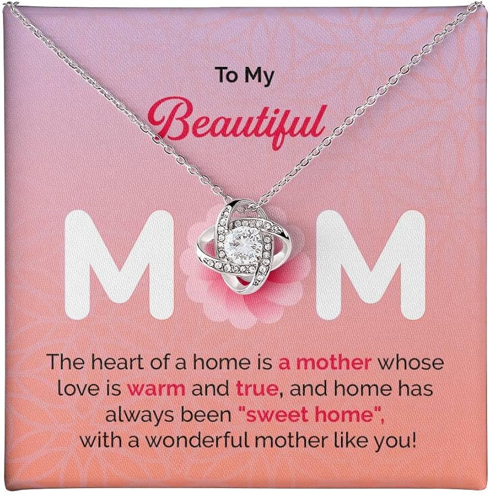 To My Beautiful Mom Necklace From Son/daughter, Thoughtful Love Knot Jewelry With Wonderful Message Card, Best Gift Ideas For Mother's Day, Anniversary, Birthday Present For Mom With Gift Box