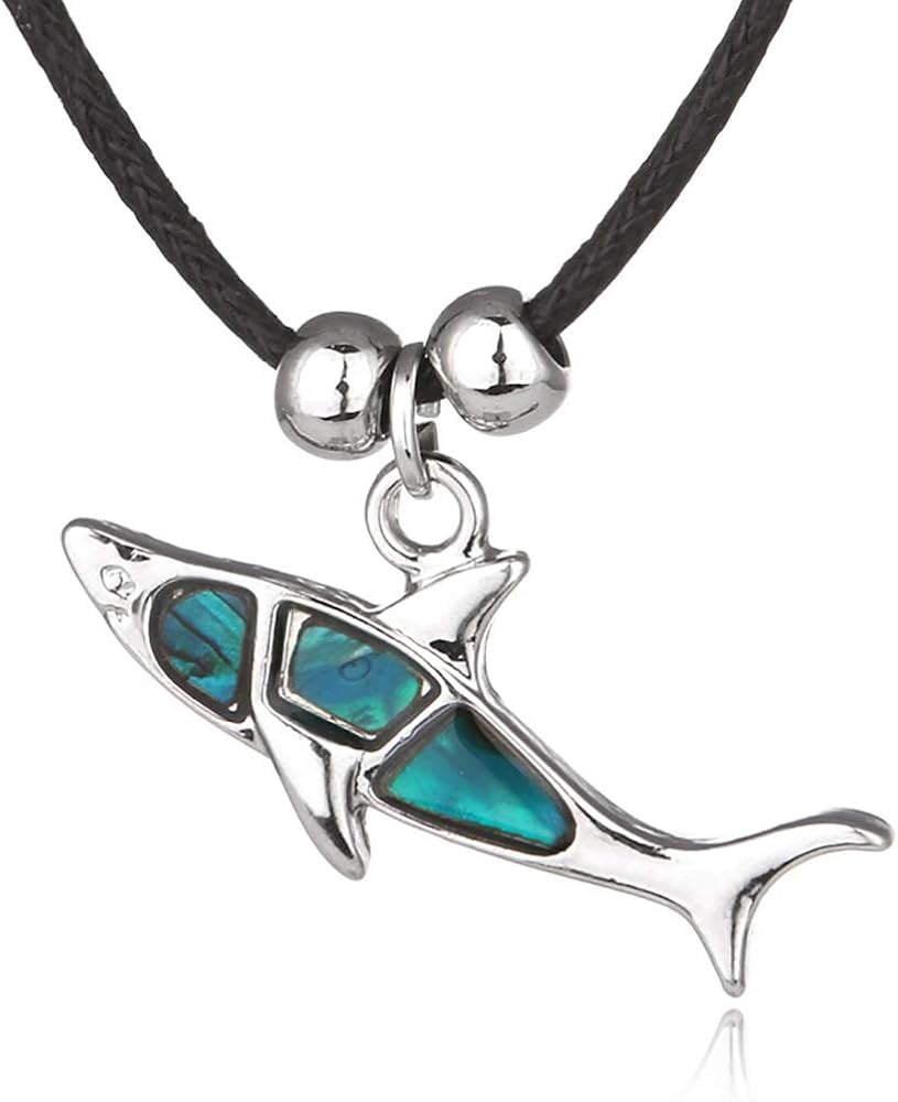 Blue Abalone Paua Shell Shark Pendant Necklace for Women and Girls on Black Cord/Stainless Chain Movie Necklace