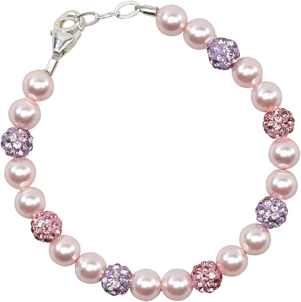 Stylish Purple and Rose Pave Beads with Pink European Simulated Pearls Sparkly Baby Girl Keepsake Bracelet (BSHM)