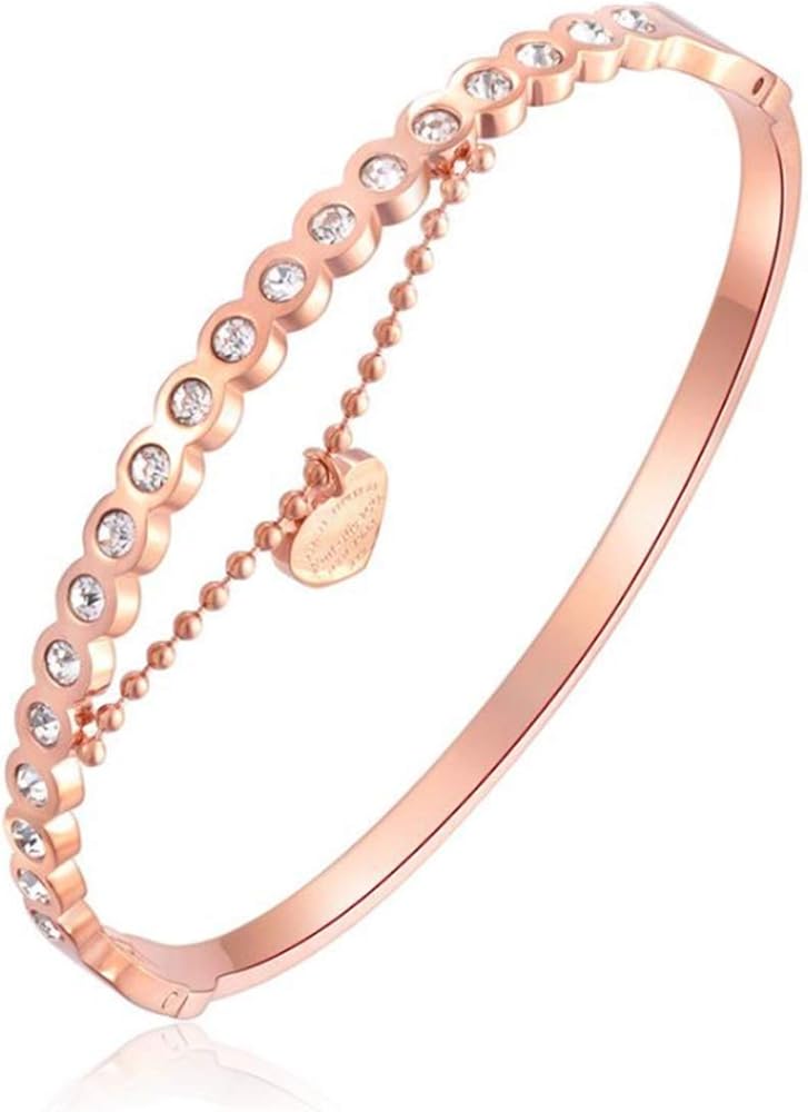 Women's 18K Rose Gold Plated Double-Chain Bracelet Bangle with 20 Crystals and Heart Pendant, Simple Bangle for Women Jewelry, Gift Fits 6.29 inch Wrists Gift for Mothers Day, Girls Women