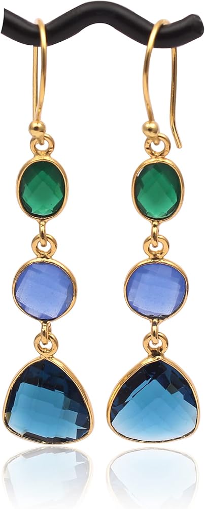 Bezel Set Handmade Earring Jewelry | Designer Gemstone Moonstone & Chalcedony Hook Earring | Gold Plated Bezel Dangle Hook Earring | Gift For Her Bezel Set Pair | 1759)155