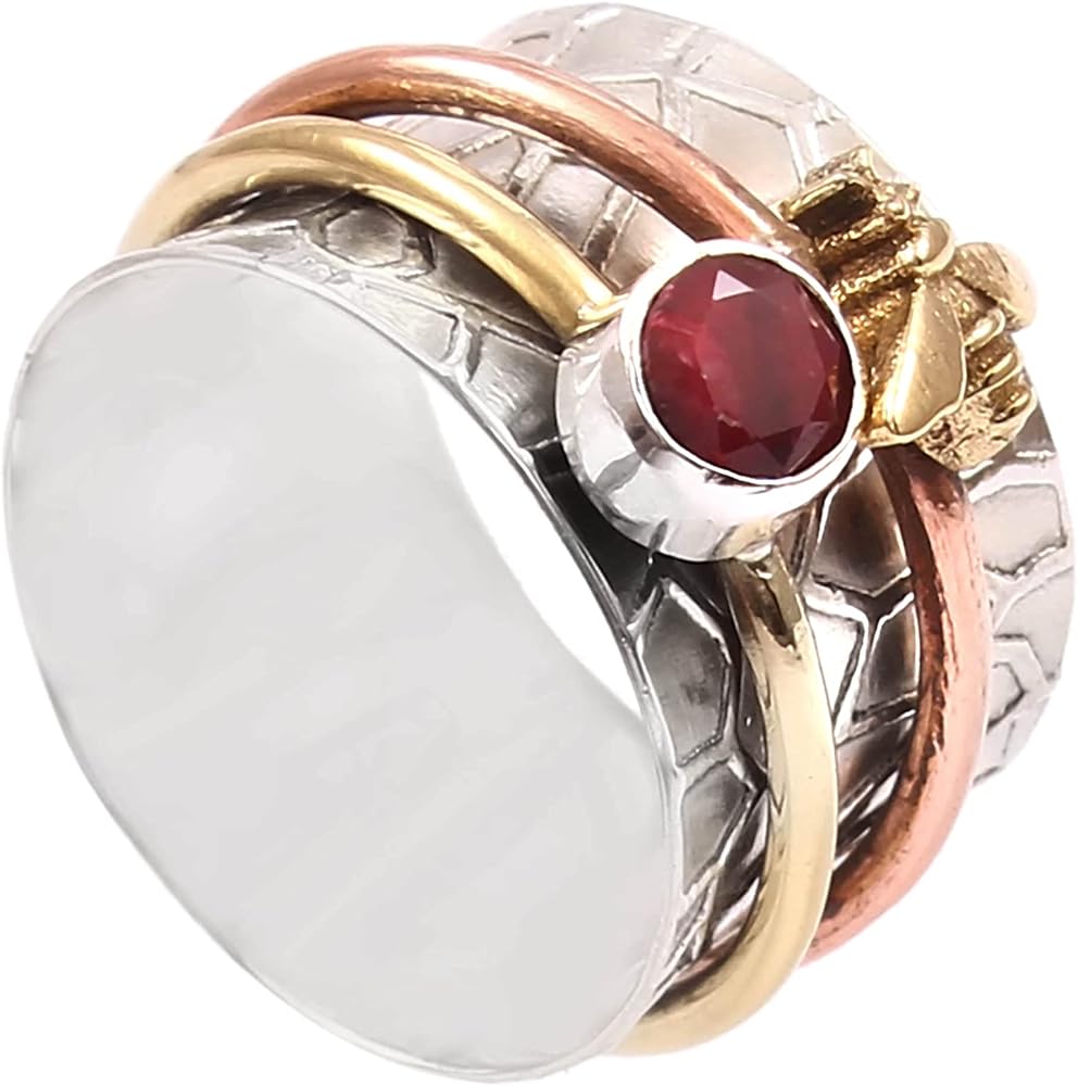 Ruby Gemstone Honey Bee Spinner ring Texture band Spin Fidget Meditation ring Sterling Silver jewelry