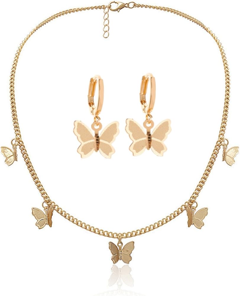 Gold Plated Butterfly Choker Necklace Earrings Set for Women Teen Girls, Cute Dainty Chain Animal Pendant Necklace Dangle Hoop Earrings Jewelry Set