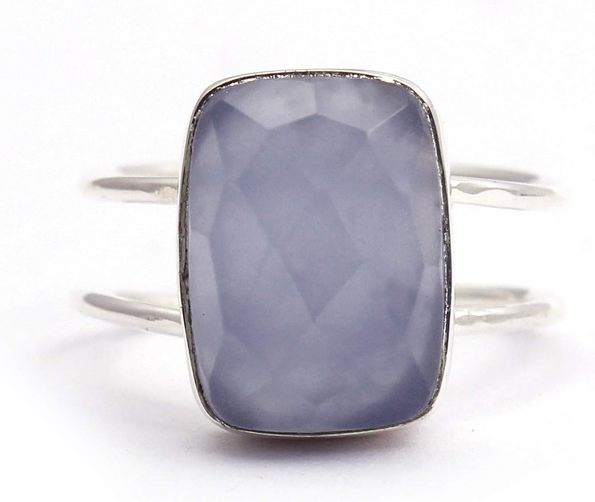 Silver Plated Lavender Chalcedony Gemstone Double Line Octagon Cushion Shape Handmade Design Rings Jewelry