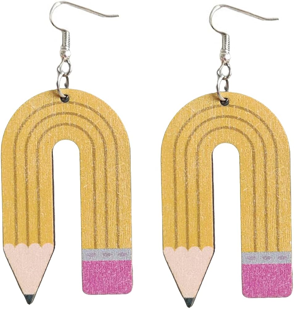 Wooden Pencil Drop Earring Classic Stack of Books Dangle Earrings Back to School Gradution Jewelry Lovely Librarian Funky Teacher Hook Earring for Teachers, Students