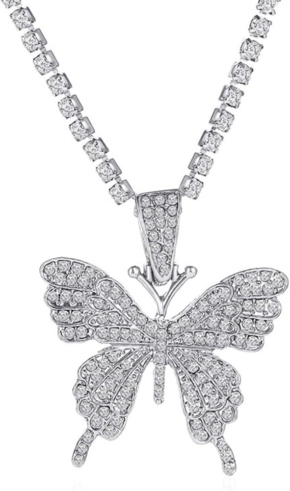 Stainless Steel Women Rhinestones Butterfly One Layer Pendant Necklace Jewelry,Girls Jewelry Necklace for Women