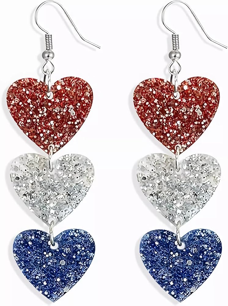 "7.4 Independence Day Star Earrings Love earrings - Acrylic Dangle Earrings in Red, White, and Blue - Beaded Heart Holiday Jewelry for Patriotic Party"