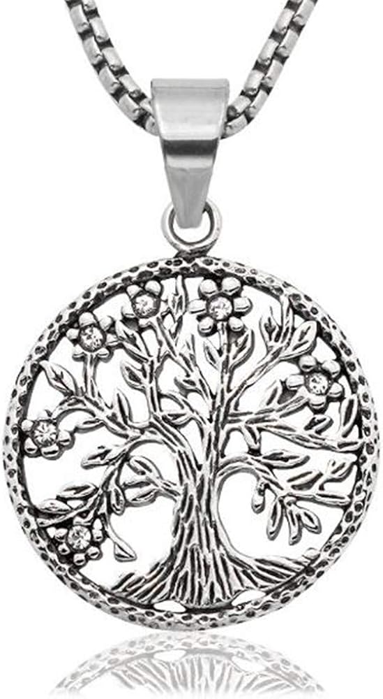 Unisex Stainless Steel Vintage Lucky Round Tree of Life Pendant Charms Necklace