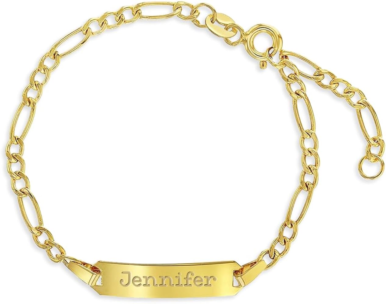 14k Yellow Gold Unisex Adjustable Kids ID Bracelet with Engravable Identification Tag - Cute Figaro Link Chain Rectangular Name Plate Bracelets for Babies & Children - Small ID Bracelet