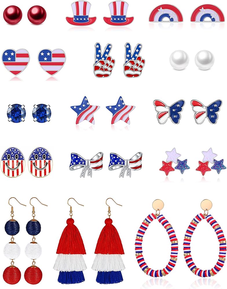 15 Pairs 4th of July Stud Earrings Set for Teens Cute American Flag Star Earrings Patriotic Drop Dangle Earrings for Teen Hypoallergenic Independence Day Earrings Jewelry Accessories Gifts