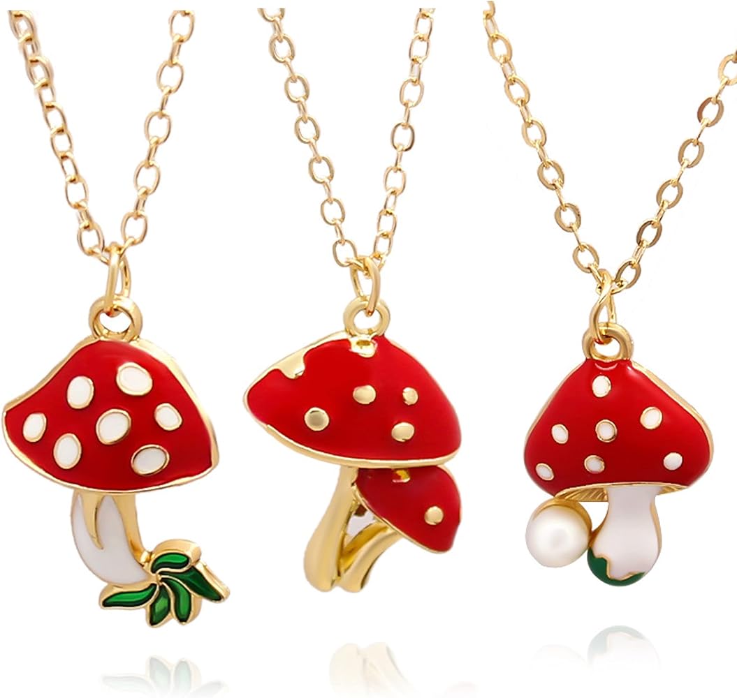 Pack 3 Cute Mushroom Pendant Chain Necklace for Three Best Friends Daughter Gold Dainty Fashion Friendship Christmas Birthday Jewelry BFF Gifts