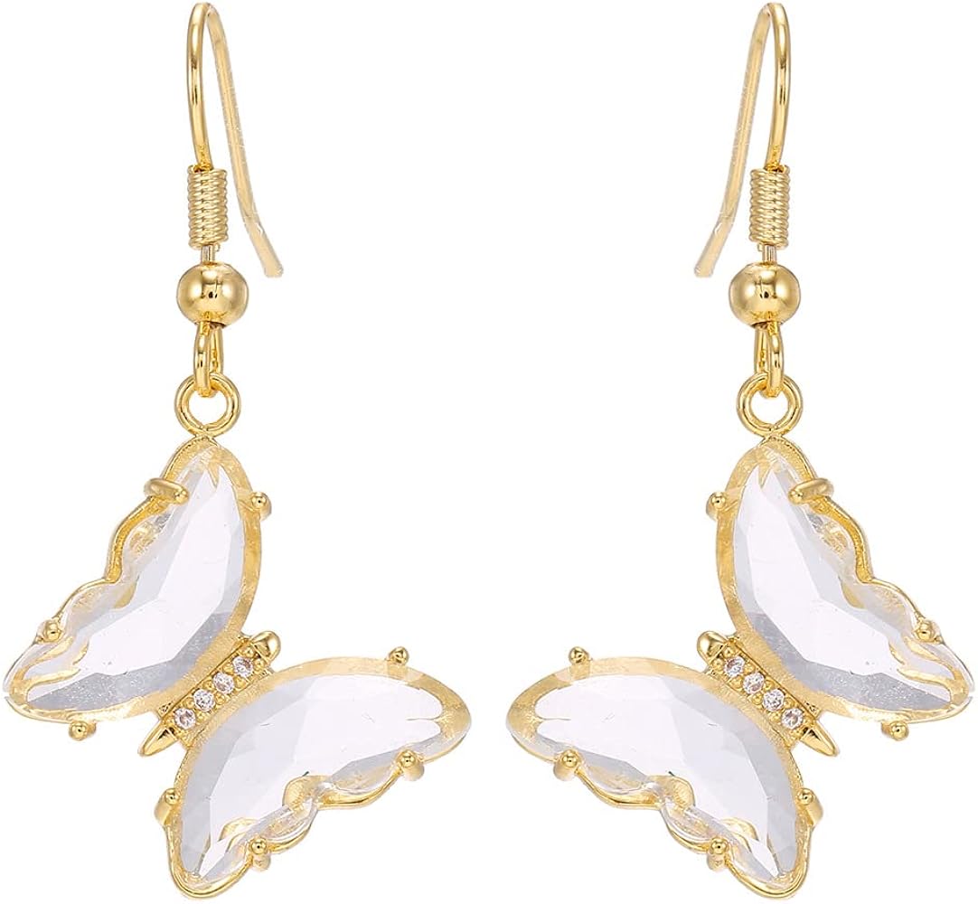 CZ Butterfly Glass Drop Dangle Earrings for Women Teen Girls 925 Sterling Silver Post Pin Cubic Zirconia Gold Plated Hypoallergenic Nickel Free Cute Charms Dangling Stud Earring Dainty Dainty Christmas Halloween Theme Party Jewelry Gifts