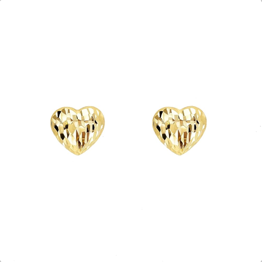 Lucchetta - 14 karat Yellow Gold Dainty Earrings with Shiny Heart Textured 7mm | 14K Stud for Womens Girls | Authentic Fine Jewelry from Italy