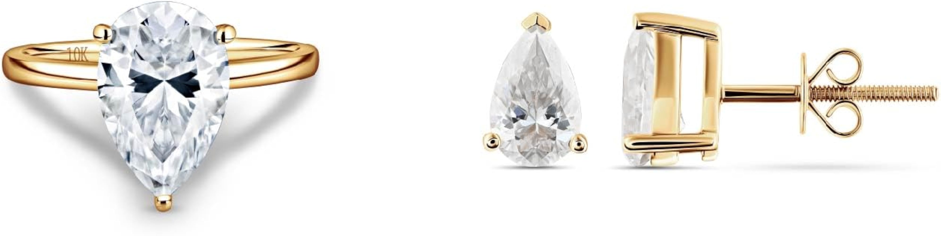 ISAAC WOLF Genuine VVS1 D Moissanite Diamond 4 Carat Pear Cut Ring and 2 cttw Earrings in 10k Solid Yellow Gold.