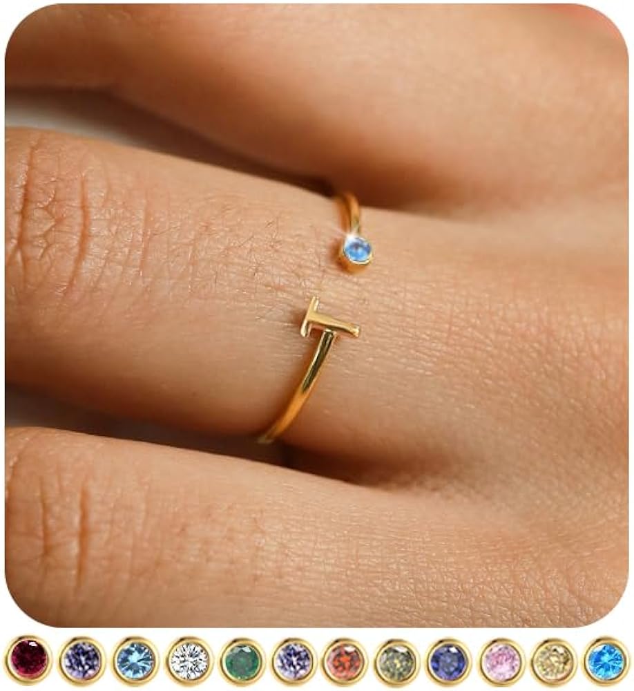 FUNEIA Initial Birthstone Rings for Women Teen Girls Non Tarnish Trendy Stackable Dainty Gold Letter Adjustable Emerald Green Cubic Zirconia Ring for Mothers Daughter Birthday Bridesmaid Gifts Jewelry