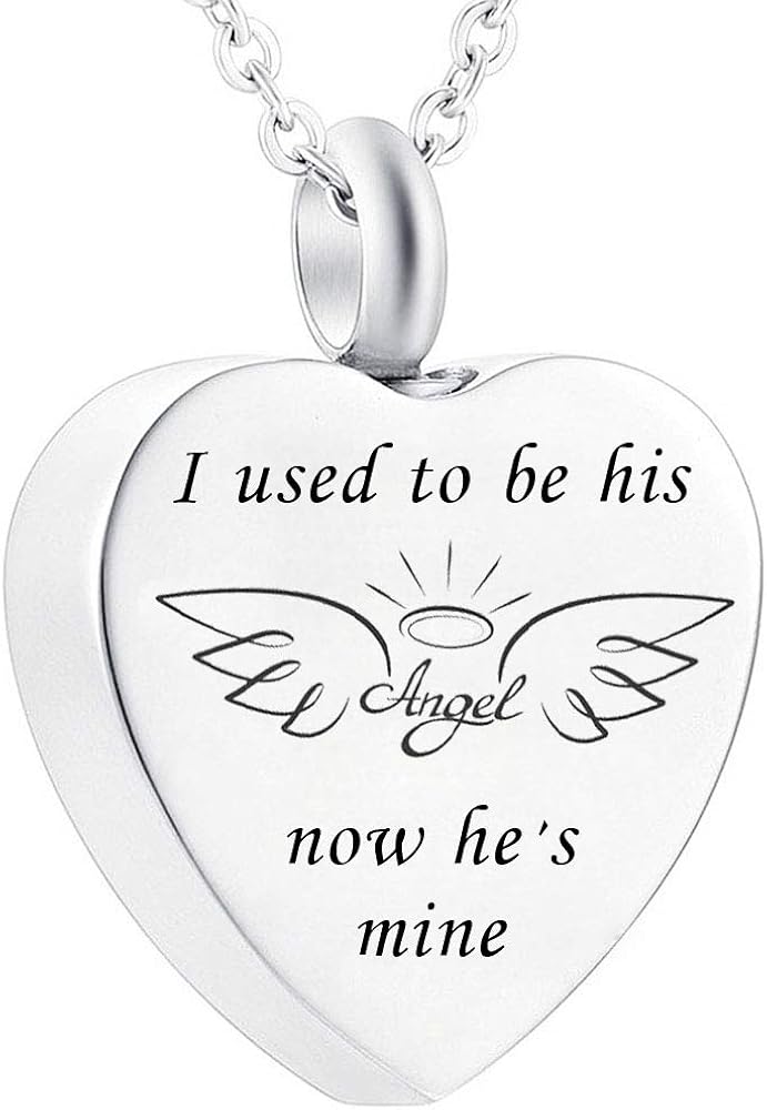 I Used to be his/her Angel Now He's Mine Urn Necklace Ash Cremation Pendant Heart Wing Jewelry