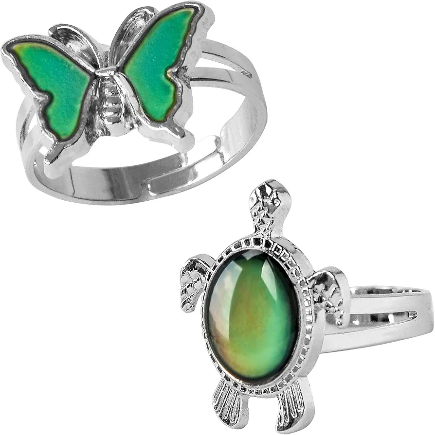 2 Pcs Mood Rings Turtle and Butterfly Adjusable Size Color Changing Ring for Kids Girls Women