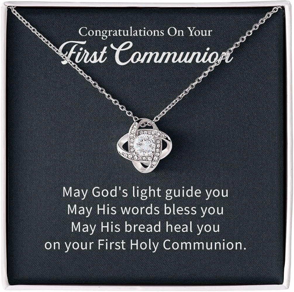 Congratulation On Your First Communion Necklace Gift, Love Knot Necklace For Teenage Girls/Daughters/Girlfriends/Grownup Women Jewelry Necklace With A Meaningful Message Card And Box.