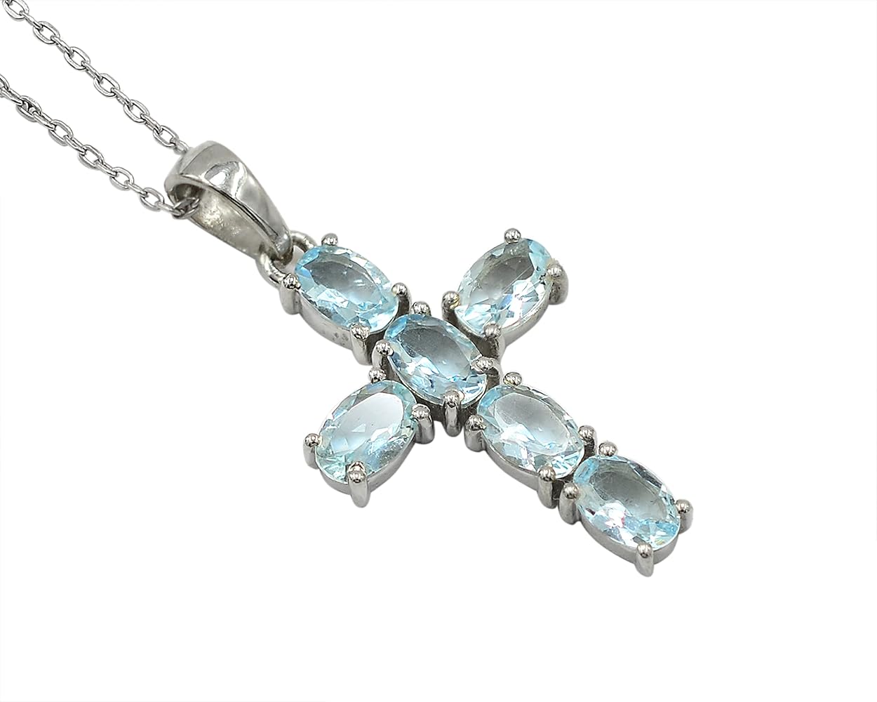 6X4 MM Oval Natural Aquamarine Gemstone 925 Sterling Silver March Birthstone Holy Cross Pendant Necklace Aquamarine Jewelry Proposal Gift For Girlfriend Gift (PD-8296)