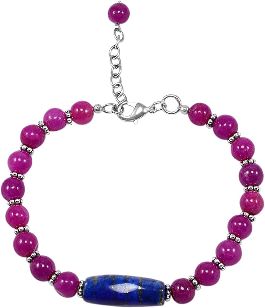 Silvesto India Blue Lapis Lazuli & Pink Jade Short Link-Chain 925 Silver Plated Jaipur Rajasthan India Handmade Jewelry Manufacturer Bridesmaid Gift Bracelet