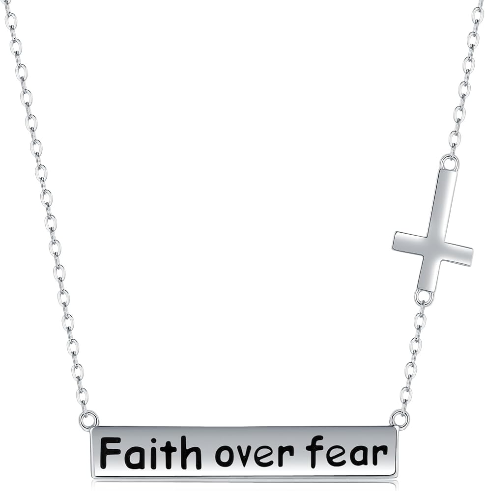 Faith Over Fear Cross Necklaces - 925 Sterling Silver Faith Necklaces Inspiration Pendant Faith Cross Necklaces Christian Religious Bar Necklace Girls Gift Jewelry