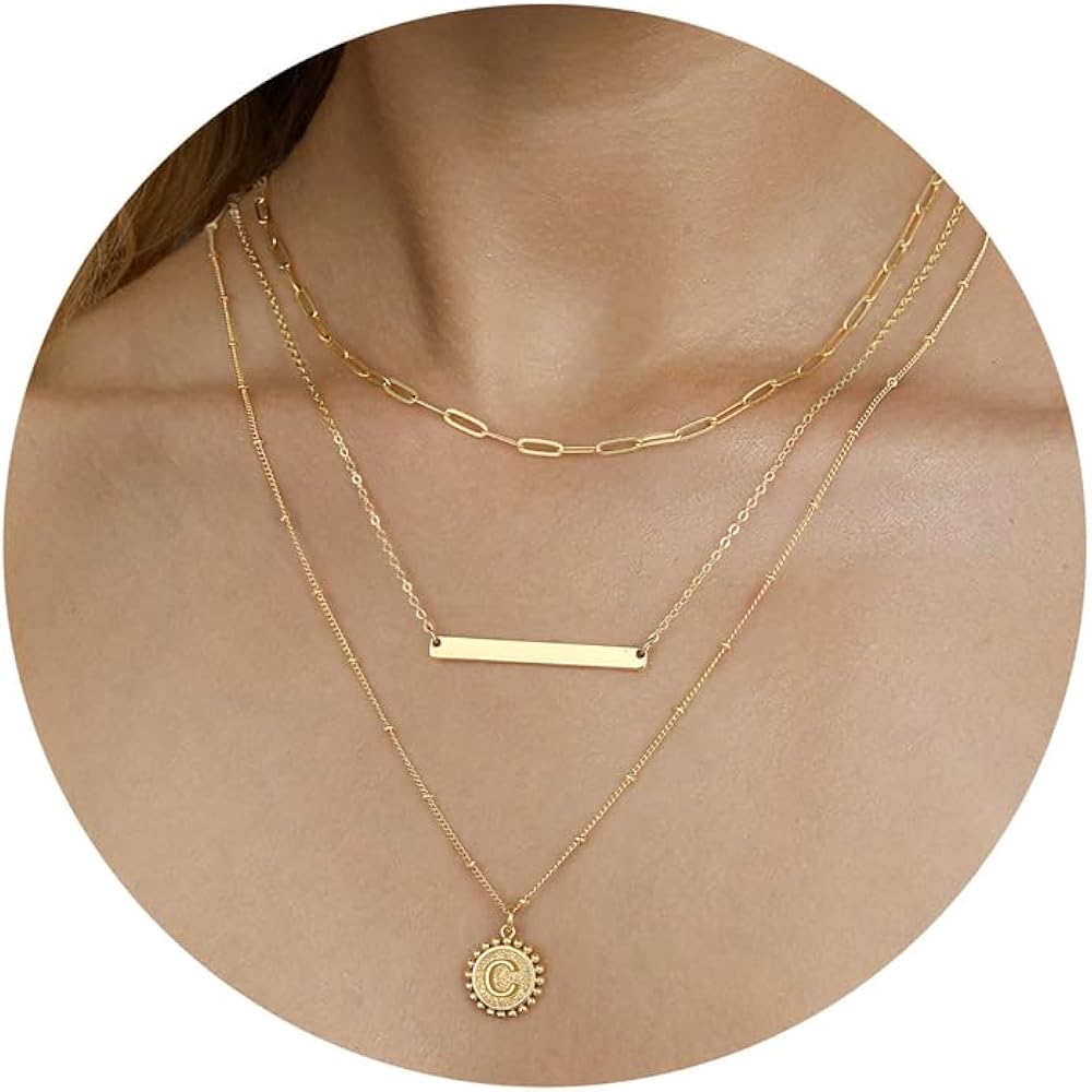 M MOOHAM Layered Gold Necklace for Women - 14K Gold Plated Initial Necklaces for Women Dainty Coin Letter Necklace Layered Necklace Set Gold Jewelry for Women Gifts