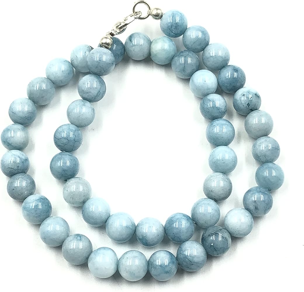 Natural Aquamarine Dyed B Gemstone Round Beaded Stretchable 15.5 Inches Choker Necklace For Girls and Women, Unisex Necklace, Beaded Necklace For Gift, Christmas Gift, Charm , Bye Bye