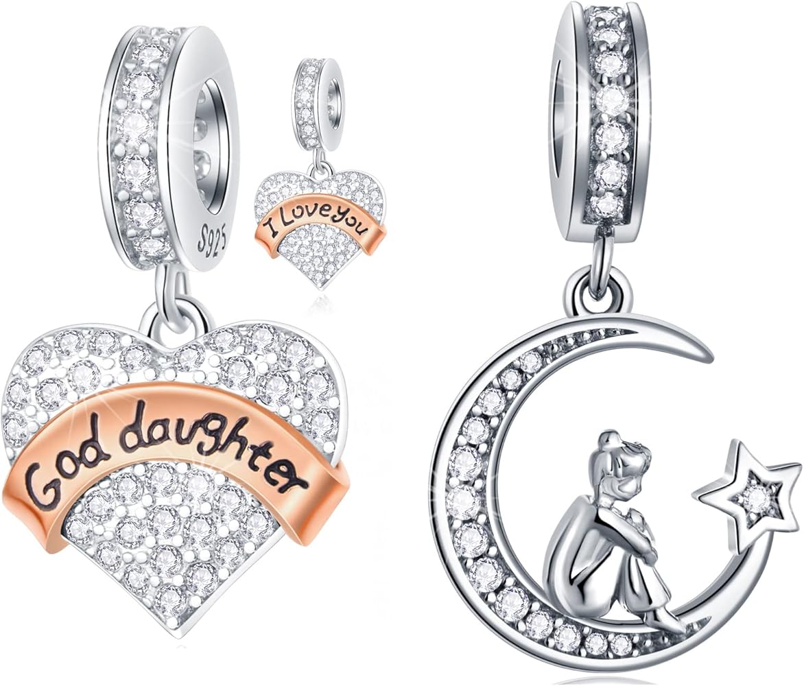 I Love You Charms Set fits Pandora DIY Bracelet, Girl Sitting on Crescent Moon Charms and Goddaughter Charms Jewelry Set in 925 Sterling Silver, Best Gifts for Sister/Niece/Girlfriend