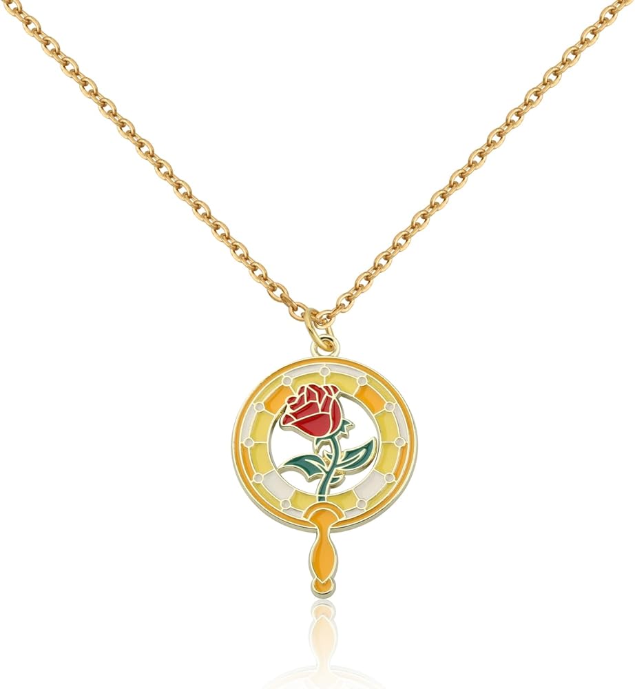 PLITI Beauty Beast Gift Princess Belle Gift Belle Fans Gift Rose Flower Necklace For Fairy Tale Princess Lover