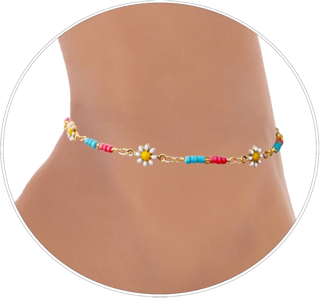 Dainty Colorful Seed Bead Daisy Flower Anklet for Women Girls, Handmade Adjustable Colorful Flower Beaded Ankle Bracelet, Boho Small Beads Flower Foot Chain, Summer Beach Body Jewelry Gift for Girlfriend Besties