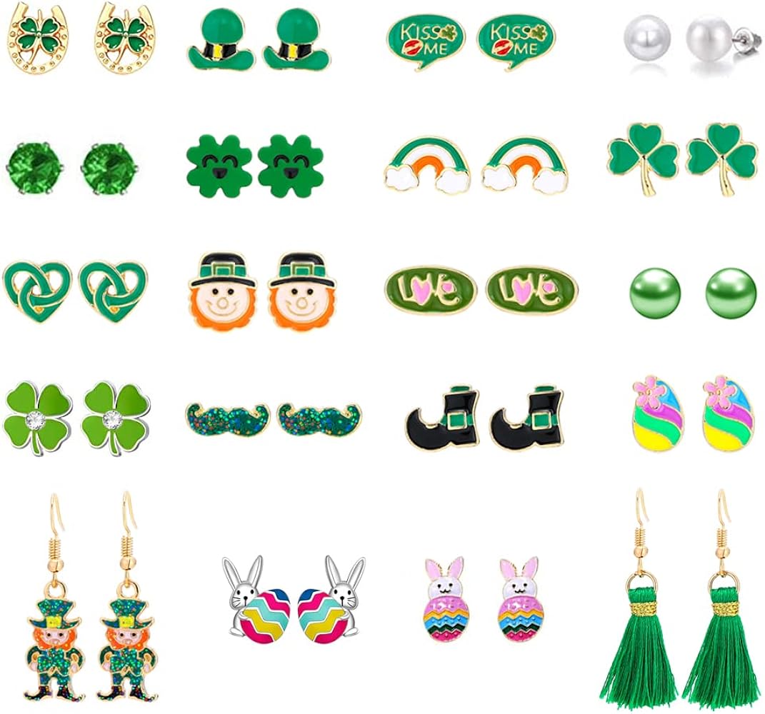 20 Pairs Hypoallergenic St. Patrick’s Day Earrings for Girls Cute Stud Earrings Sets for Teen Girls Women Easter Earrings Bulk Shamrock Earrings Clover Earrings Green Earrings Easter Egg Earrings Bunny Earrings Holiday Accessories Jewelry