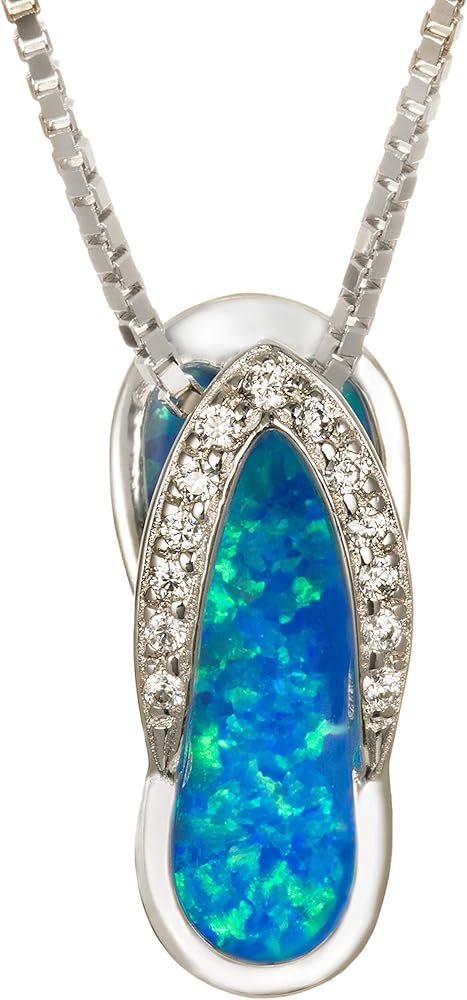 925 Sterling Silver Hawaiian Flip Flop Slipper Sandal Necklace Pendant with 18" Box Chain, Genuine Koa Wood Blue Opal Abalone Shell Cubic Zirconia, Nickle Free Hypoallergenic for Sensitive Skin, Gift Box Included