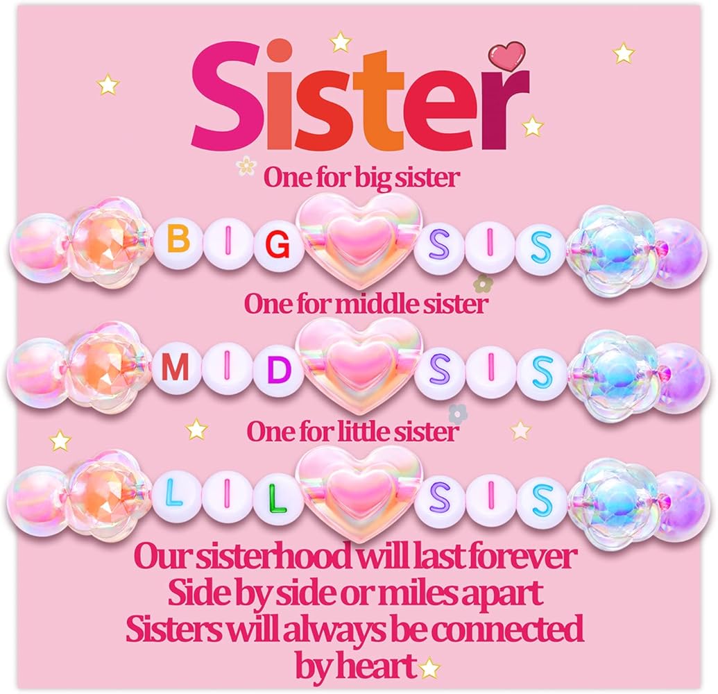 Big Sister Little Sister Necklace Big Sis Lil Sis Bracelet Matching Necklaces Set for 2 Big Sis Middle Sis Lil Sis Bracelets for 3 Girls Younger Sister Jewelry Gifts Older Sister Christmas Valentines Day Gift Idea