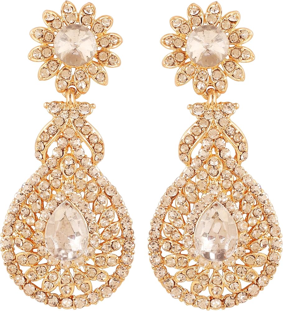 Touchstone Indian Bollywood Bling Perfect Handcrafted Fascinating Floral Designer Jewelry Chandelier Earrings In Gold or White Tone For Women.