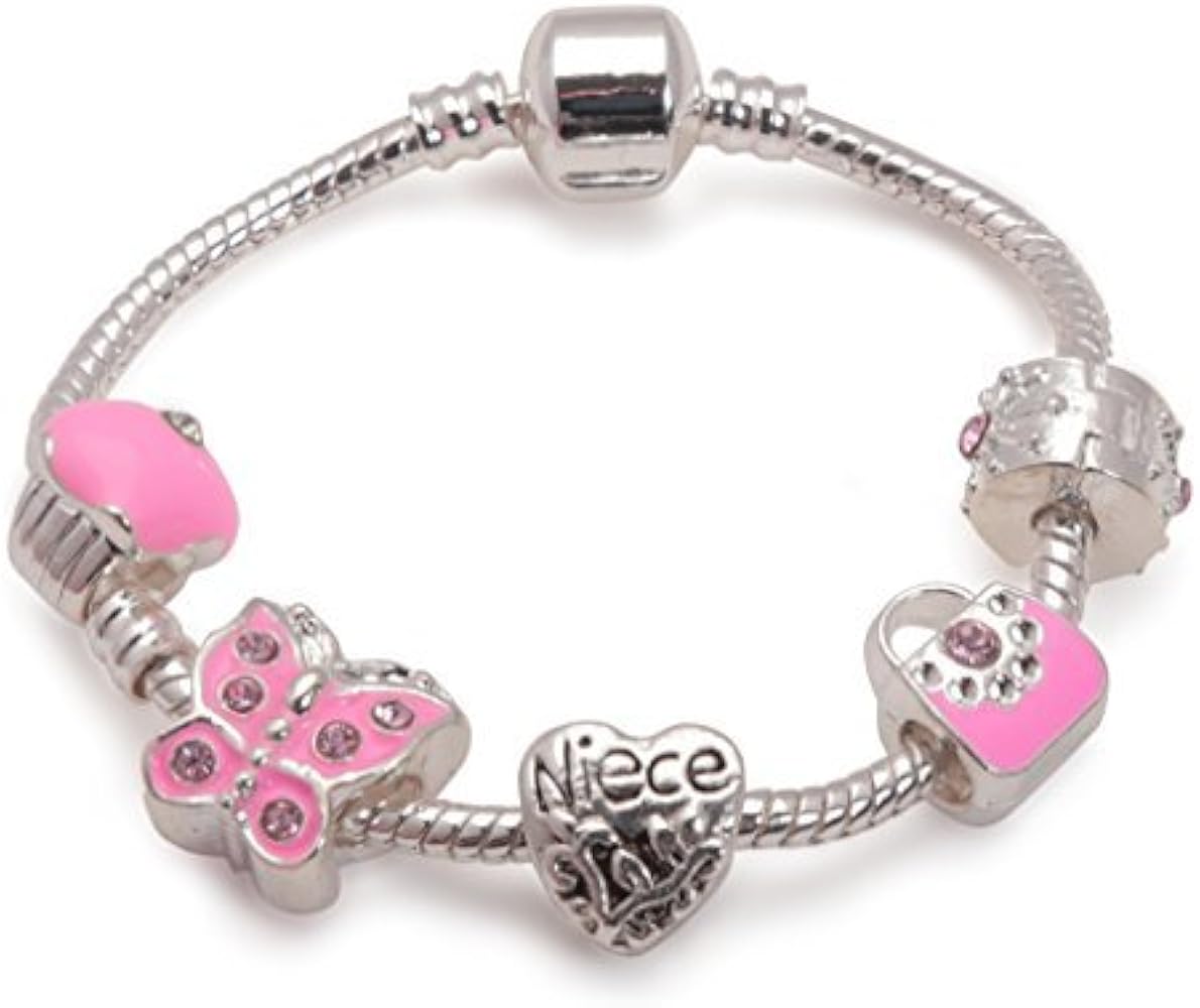 Niece Pretty In Pink Silver Plated Charm Bracelet. Girls Gift. With Gift Box and Pouch.